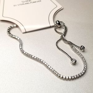 Rhodium plated Sterling Silver, Clear CZs, Box Chain, Bolo/slider Bracel…